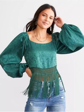 Emerald Festival Boho Green Square-Neck Fringe Blouse with Puff Sleeves